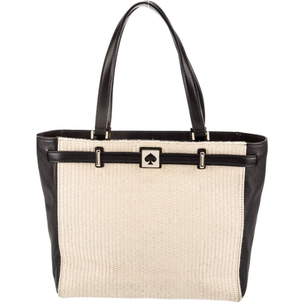 Kate Spade New York Woven Straw Leather Tote Bag Black Cream Pink Lining